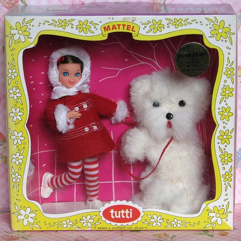 Tutti, Me and my Dog, # 3554  (1967) Variation with pants red & white stripes. Vintage Barbies, Barbie Sisters, Me And My Dog, Red Stockings, Im A Barbie Girl, Mattel Dolls, Celebrity Photo, Barbie House, Barbie I