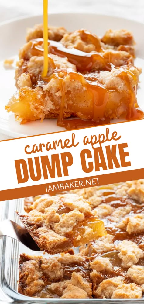 The best easy dessert recipe to make for fall, Thanksgiving, and holiday parties! Caramel Apple Dump Cake is a quick and easy sweet treat ready in less than an hour. Make this sweet and simple dessert to impress friends and family! No Bake Caramel Apple Casserole, Easy Caramel Apple Dessert Recipes, Caramel Apple Crunch Pie, Salted Caramel Apple Pudding Cake, Mini Dump Cake, Apple Caramel Cake Recipes, Salted Caramel Apple Dump Cake, Carmel Apple Dump Cake Recipes, Carmel Apple Cake Recipe Easy