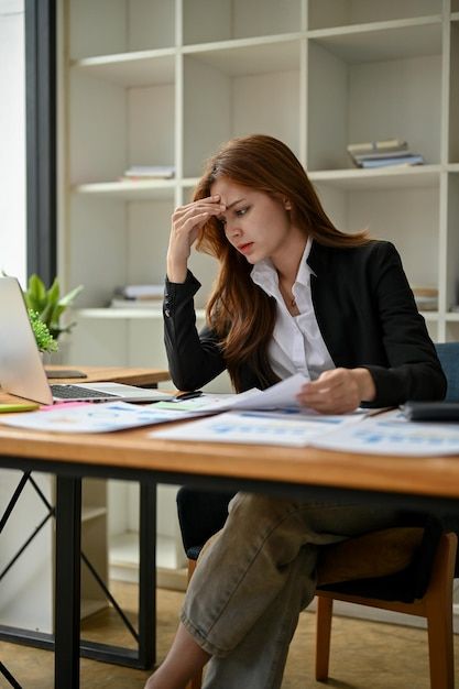 Sitting Desk Pose Reference, Office Reference, Sitting At Desk, Girl Reference, Person Sitting, Girl Standing, First Girl, Premium Photo, Business Women