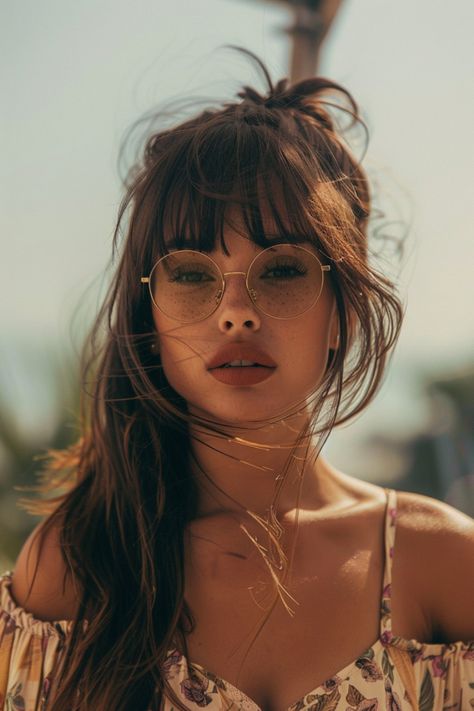 Woman with long hair and glasses stands outside, wearing a floral off-the-shoulder top, with wind blowing her hair. Summer Hair Ideas, Brush Cut, Morning Hair, Simple Summer Style, Summer Haircuts, Simple Ponytails, Tousled Waves, Angled Bob, Boring Hair