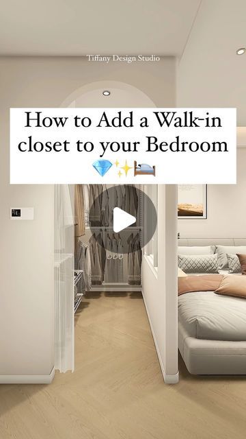 Tiffany design studio💎 on Instagram: "Adding a walk-in closet to a bedroom? Wait for it ⤴️💎✨
•
•
•
#tiffanydesignstudio #walkincloset #bedroominteriors" Bedroom With Bathroom And Closet Layout, Dressing In Small Bedroom, Hidden Closet Bedroom, Small Bedroom Ideas With No Closet, Bedroom Without A Closet, Bedroom Walk In Closet Behind Bed, Tiny House Walk In Closet, Bedroom With Closet Ideas, Bedroom With Walk In Closet Layout