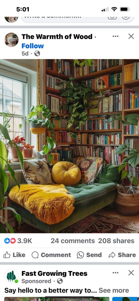 Bed Reading Nook, Cozy Library Room, Sofa Day Bed, Bed Nook, 1920s House, Earthy Green, Front Rooms, Green Sofa, Apartment Aesthetic