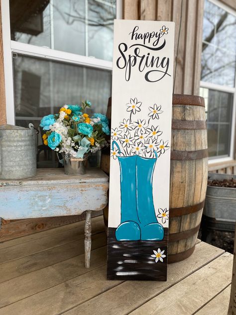 Spring Porch Sign. Spring Porch Decor. Happy Spring Porch Sign. Spring Flower Sign. Mother’s Day Gift. Easter Gift. https://etsy.me/3ixU5AY #porch#rectangle #teal #unframed #entryway #countryfarmhouse #wood #spring Summer Wood Sign, Hello Spring Sign, Rainbow Board, Flower Sign, Easter Paintings, Spring Porch Decor, Wood Pallet Art, Front Porch Signs, Barn Wood Signs