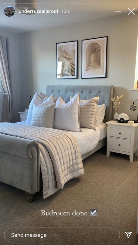 Light Grey White Bedroom, Gray Bed Frame Bedroom Ideas, Light Gray Bedding, Light Grey Bedding, Grey And White Bedding, Grey Bed, Grey Bed Frame, Bed Headboard Design, White Bed Frame