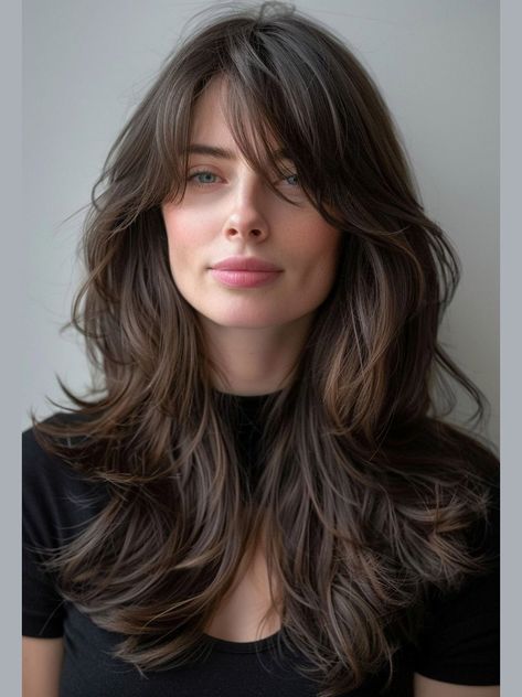 Find quality wigs from here, buy 18" Monofilament Layered Long Black Wig Human Hair, you will love it. V Cut With Curtain Bangs, Long Hair With Bangs And Layers, Hair For School, Hairstyle Easy, Haircuts For Long Hair With Layers, Layered Hair With Bangs, Hair Inspiration Long, Hairstyles For Layered Hair, Long Hair Color