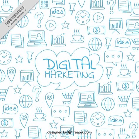 Digital marketing background with blue doodles Free Vector Digital Marketing Background Design, Digital Marketing Wallpaper, Digital Marketing Background, Blue Doodles, Marketing Background, Student Presentation, Pencil Png, Infographic Poster, Words Wallpaper