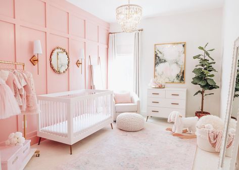 Modern Glam Pink Board & Batten Nursery Reveal Girly Nursery, Nursery Planning, Girl Nursery Pink, Gold Nursery, Girl Nursery Room, Nursery Room Design, Baby Room Inspiration, Nursery Room Inspiration