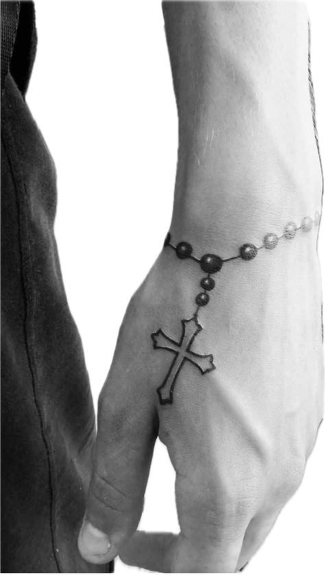 Rosary Hand Tattoo Men, Religious Hand Tattoos For Guys, Small Hand Tattoos For Guys Simple, Cross Tattoo On Wrist For Women, Our Father Prayer Tattoo, Tattoo Inri, Rose And Cross Tattoos For Men, Cross Hand Tattoo Men, Tattoo Wrist Men