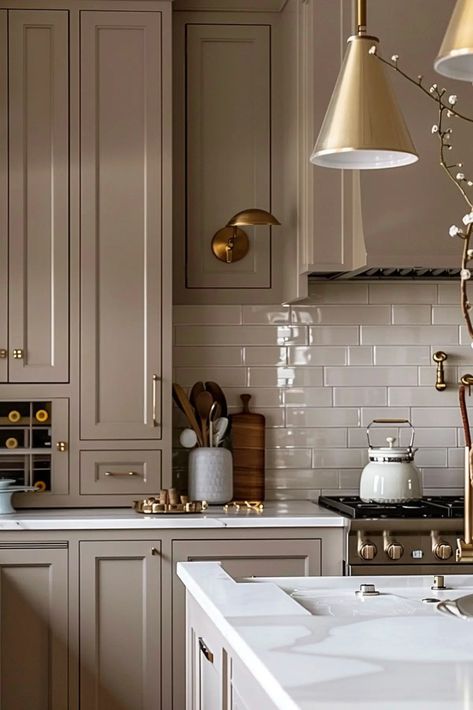 Taupe Kitchens: Simplicity Meets Luxury - Kitchen Informant Grey Toned Kitchen, Dark Taupe Cabinets Kitchen, Khaki Colored Kitchen Cabinets, Sw Tavern Taupe, Coloured Cabinets Kitchen, Taupe Kitchen Cabinets Black Hardware, Truffle Kitchen Cabinets, Cappuccino Color Kitchen, All Grey Kitchen