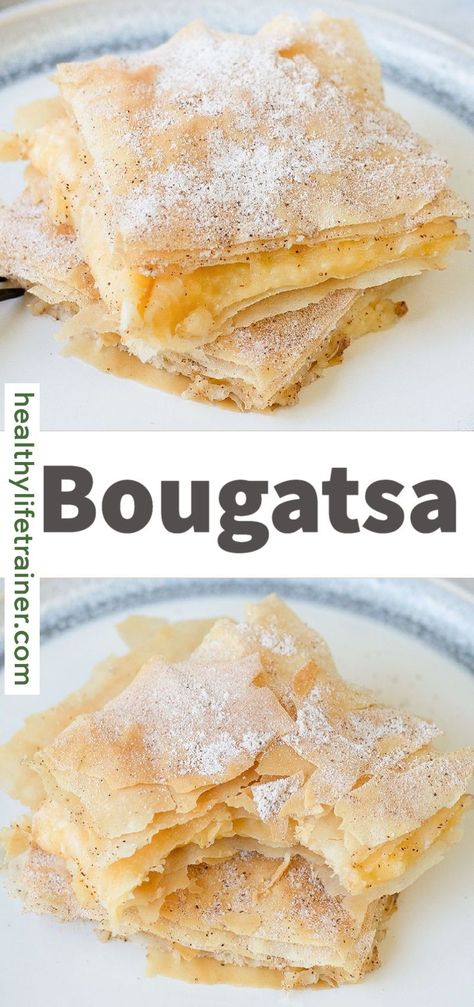 Greek Desserts Easy, Bougatsa Recipe, Greek Pie, Pinterest Banner, Filo Pastry Recipes, Cheese Burrito, Greek Dessert, Greek Party, Greek Breakfast