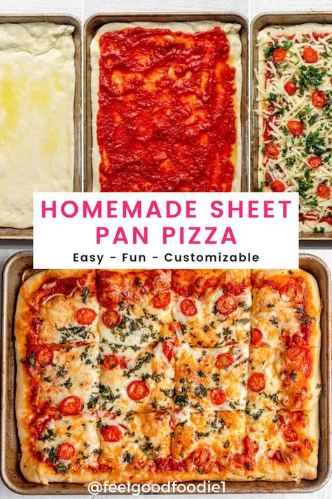 This homemade sheet pan pizza recipe is so quick and easy to make, and is perfect for a Friday night in. Made with a my vegan pizza dough, and topped with fresh ingredients, everyone will love this family favorite recipe. | Pizza Recipes | Homemade Pizza | Deep Dish Pizza | Sheet Pan Recipes Pan Pizza Recipe, Sheet Pan Pizza, Homemade Dough Recipe, Deep Dish Pizza Recipe, Pizza Homemade, Pizza Lunch, Easy Homemade Pizza, Pizza Recipes Easy, Making Homemade Pizza