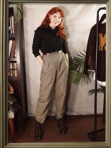 Seamstress Aesthetic Outfit, Outfit Ideas Masculine Girl, Witchy Cottagecore Aesthetic Outfits, Cottagecore Work Outfit, Historian Aesthetic Outfit, Vintage Work Outfit, Masculine Cottagecore Outfits, Modern Cottagecore Outfit, Masculine Girl Outfits