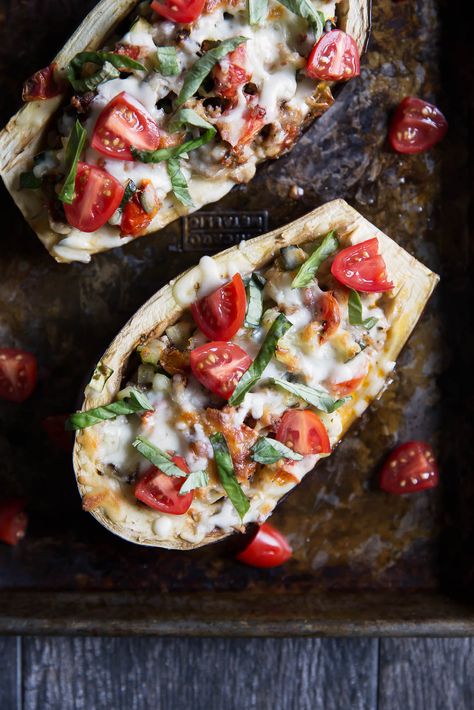 Healthy turkey & veggie stuffed eggplant boats from the cookbook Dinner for Two. Over 25g protein per boat! Aubergine Pasta, Sweet Potato Bbq, Eggplant Boats, Eggplant Recipes Healthy, Low Carb Zucchini Lasagna, Healthy Eggplant, Stuffed Eggplant, Eggplant Parm, Ambitious Kitchen