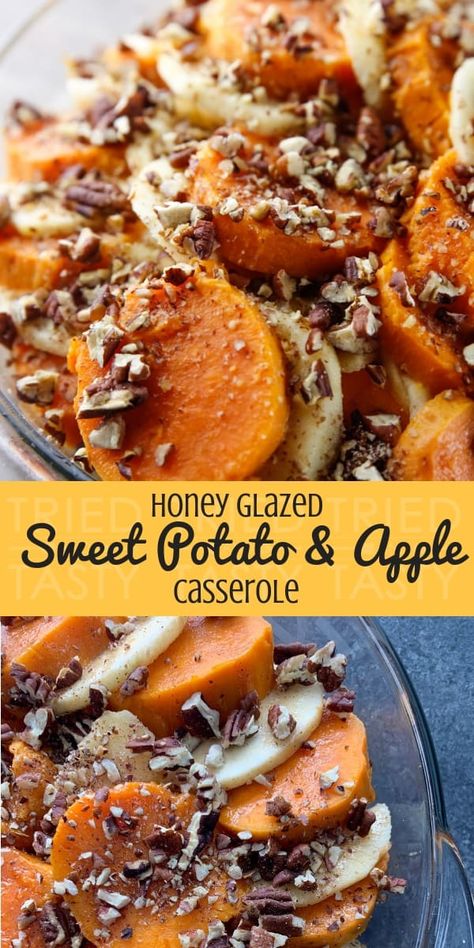 Honey Glazed Sweet Potato & Apple Casserole  This Honey Glazed Apple & Sweet Potato Casserole is the ULTIMATE way to feast on Sweet Potatoes this Holiday Season - or any season for that matter! This recipe contains no refined sugar, and instead uses apples and honey to achieve the perfect sweetness. | Tried and Tasty #sweetpotato #casserole via @triedandtasty Apple Casserole, Apple Sweet Potato, Apples And Honey, Sweet Potato Apple, Glazed Sweet Potatoes, Sweet Potato And Apple, Honey Glazed, Smoothie Bowls, Think Food