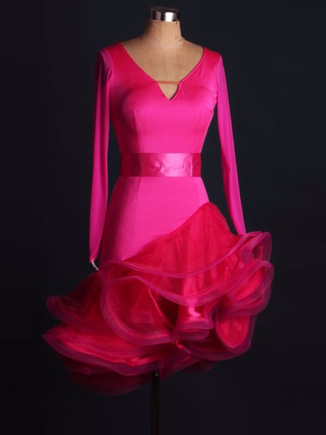 Female Latin Dance Dress With Belt Rose V Neck Long Sleeve Backless Ruffle Skirt Rumba Tango Samba Cha Cha Salsa Dance Clothing|Latin| - AliExpress Salsa Dress Outfit, Pink Salsa Dress, Cha Cha Dress Dance, Latin Practice Dress, Argentine Tango Dress Dancewear For You, Juvenile Latin Dress, Pink Latin Dance Dress, Rumba Dresses, Tango Outfit