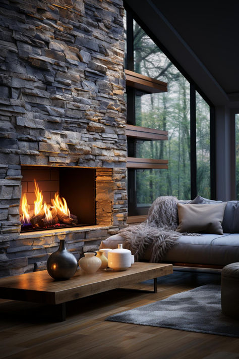 30 Stunning Stone Fireplace Ideas for Your Home Fireplace With Built Ins, Stone Fireplace Ideas, Modern Stone Fireplace, Grey Stone Fireplace, Rustic Stone Fireplace, Stone Fireplace Designs, Side Ideas, Decoration Dining Room, Mountain Home Interiors