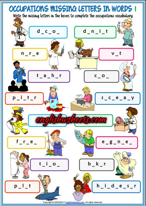 Jobs Worksheet, Kindergarten Jobs, Word Puzzles For Kids, Reading Comprehension For Kids, Worksheet For Kindergarten, Missing Letters, English Worksheets For Kindergarten, Community Helpers Preschool, Esl Vocabulary