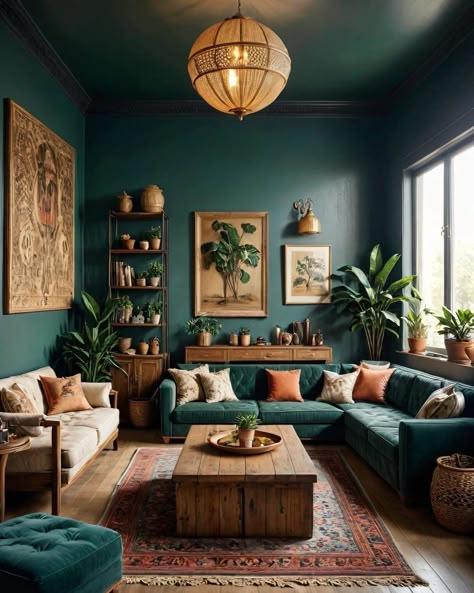 Bedroom Ideas Lights, Teal Couch Living Room, Blue Sofa Living, Sustainable Living Room, Green Couch Living Room, Sala Vintage, Dark Green Living Room, Lamps Ideas, Living Room Orange