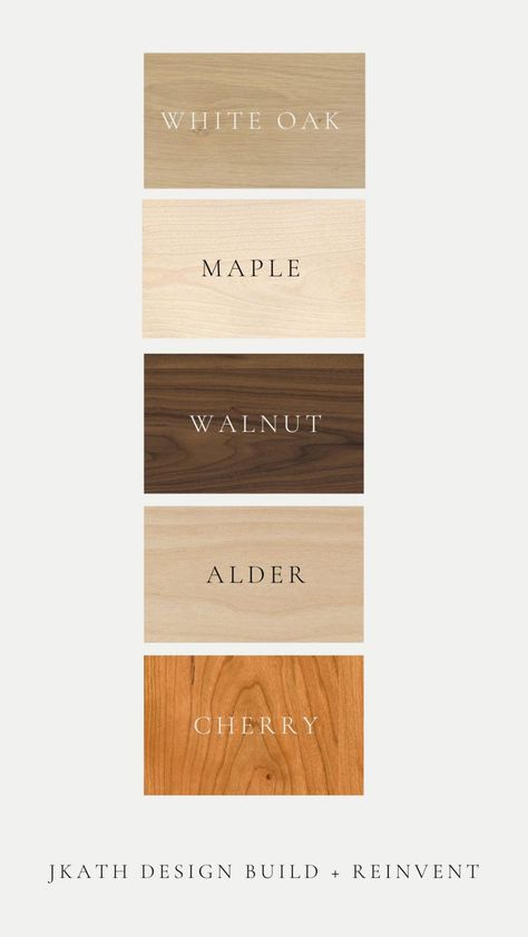 Return of Wood; Our Most Used Wood Species | Jkath Design Build + Reinvent Types Of Wood Finishes, Wood Species For Cabinets, Wood Colors Chart, White Oak Wood Paneling, Types Of Wood Furniture, Oak Wood Interior Design, Types Of Wood Stain, Maple Wood Stain Colors, Wood Tones That Go Together