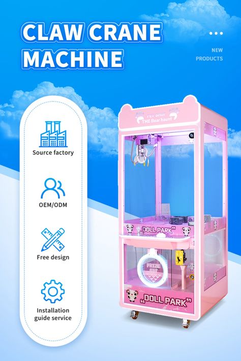 This cute pink doll machine can accommodate a variety of adorable dolls and toys, which can be won by skillfully maneuvering the claw. Its vibrant color scheme and playful design make it a popular attraction at arcades and amusement parks. Arcade Claw Machine, Claw Crane, Colorful Lighting, Crane Machine, Claw Machine, Pink Doll, Arcade Machine, The Claw, Amusement Parks