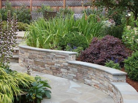 Retaining Wall with Natural Ledger Stone Facing an… - Retaining Walls - Jenna Bayer Natural Stone Retaining Wall, Backyard Retaining Walls, Ledger Stone, Rock Retaining Wall, Sloped Backyard Landscaping, Seat Wall, Garden Retaining Wall, Rock Walls, Raised Patio