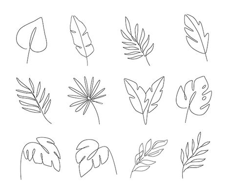 Tropical Leaves Doodle, Tropical Leaf Line Drawing, Tropical Leaves Line Art, Palm Leaf Drawing Simple, Tropical Leaves Drawing Simple, Fine Line Palm Leaf Tattoo, Line Art Plant Drawings, Tropical Leaf Line Art, One Line Leaf Drawing