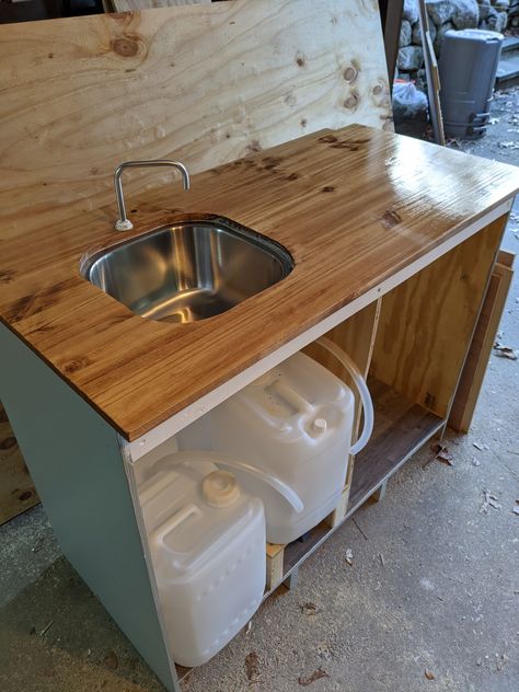 Kitchen and Cab Update – Heading Roam Off Grid Bathroom Sink, Camper Van Sink Ideas, Diy Camp Sink, Off Grid Sink Ideas, Off Grid Kitchen Sink, Camping Sink Diy, Diy Sink Cabinet, Diy Portable Sink, Off Grid Sink