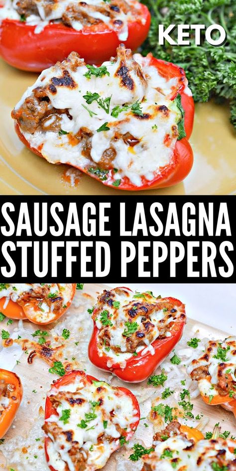 Keto Sausage Lasagna Stuffed Peppers - Enjoy the flavors of lasagna without the noodles. Keto sausage lasagna stuffed peppers are perfect as a side dish or the main course. #keto #ketorecipes #Ketodiet #Ketolasagna #lasagnastuffedpeppers #sausagelasagnapeppers #sausagelasagna #lasagna #dinner # #healtyrecipes #food #recipes Lasagne Stuffed Peppers, Stylish Cravings, Lasagna Dinner, Lasagna Stuffed Peppers, Keto Sausage, Keto Stuffed Peppers, Holy Cannoli, Low Carb Marinara, Sausage Lasagna