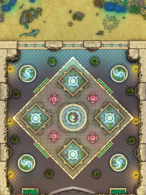 Top-view underwater temple map for tabletop games such as D&D. Enjoy! Underwater Temple Map, Underwater Temple, Fantasy Maps, World Maps, D D Maps, Fantasy Map, Free Sign, City Maps, Tabletop Games