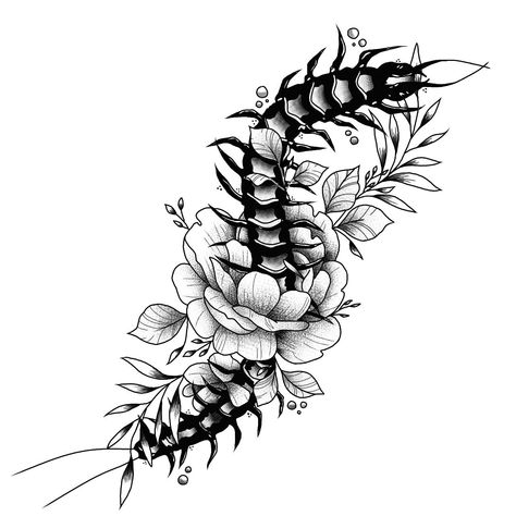 Centipede With Flowers Tattoo, Centipede Flower Tattoo, Insect Flower Tattoo, Centapeid Tattoo Design, Centipede Tattoo, Bleach Painting, Colored Tattoo, Centipedes, Flower Thigh Tattoos