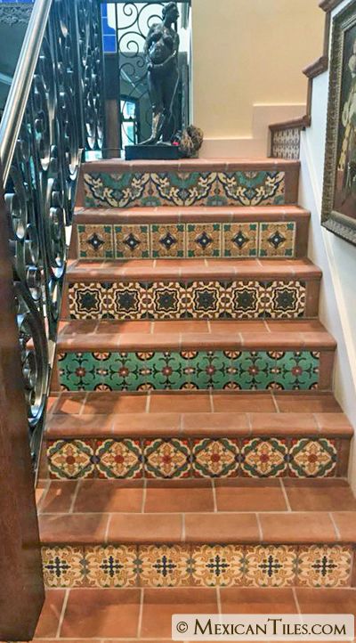 Mexican Tile Stairs, Residential Flooring, Tile Stairs, Tile Stencil, Sanded Grout, Mexican Tile, California Landscape, Spanish Tile, Wedding Venue Decorations