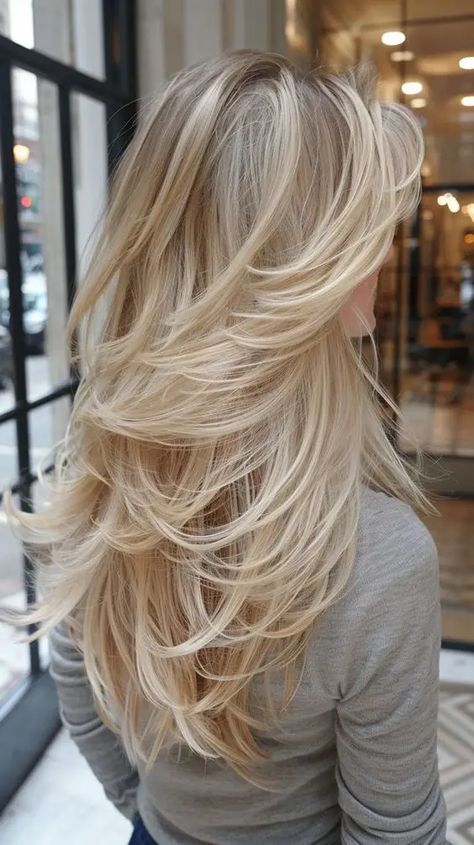 Layered Haircuts: 26 Gorgeous Styles for Women Haircut With A Lot Of Layers, Blonde Long Layered Hair, Layered Haircut Blonde, Blonde Long Hair With Layers, Long Blonde Layered Hair, Blond Layered Hair, Flat Hair Haircuts, Layered Hair Blonde, Long Blonde Hair With Layers