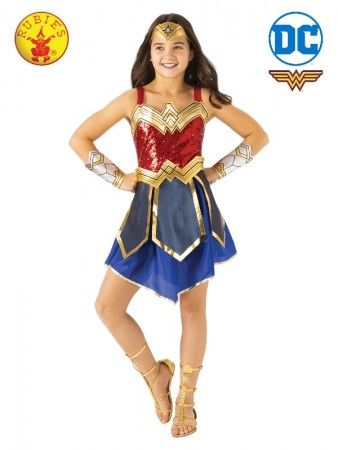 Wonder Woman 1984 Premium Child Costume - Book Week Costumes Wonder Woman Costumes, Blue Satin Skirt, Red Sequin Top, Wonder Woman Dress, Wonder Woman Outfit, Woman Costumes, Wonder Woman 1984, Red And Blue Dress, Wonder Woman Costume