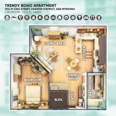 Sharina on Instagram: “Here's the floor plan of the trendy boho apartment I built recently (no CC) 🪴 This is also known as Penny Pizzazz's apartment and is…” The Sims 4 Apartment Ideas, Small Sims 4 Houses Layout, Sims 4 Houses Layout 30x20, Basegame House Sims 4, Sims 4 Apartment Layout, Small Sims 4 Houses, Sims 4 Floorplan, Sims4 Houses, Sims 4 Loft