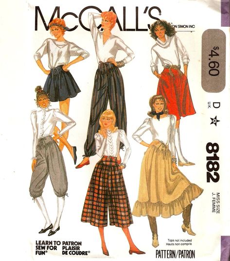 Knickers Pants, Unique Sewing Patterns, Kwik Sew Patterns, Stand Collar Top, Western Skirts, Culottes Pants, Pants Woman, Barbie Patterns, Mccalls Sewing Patterns