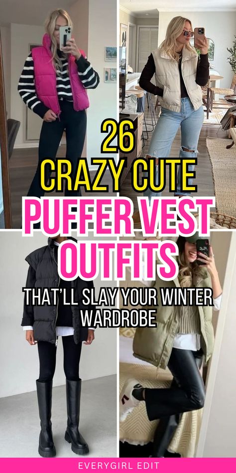 puffer vest outfits, puffer vest outfit ideas, puffer vest outfit inspo, puffer vest outfits 2024, puffer vest outfit ideas 2024, puffer vest outfit inspo 2024. Cropped Puffer Vest Outfits, Cute Puffer Vest Outfits, Brown Puffer Vest Outfit, Outfits Puffer Vest, Long Vest Outfits For Women, White Puffer Vest Outfit, Puffer Vest Outfit Winter, Vest Women Outfit, Winter Vest Outfits