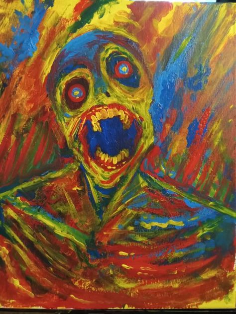 Leovincible: "Primary color man acrylic painting" — Bluesky Weird Portraits Painting, Creepy Oil Pastel Art, Weird Painting Ideas On Canvas, Complementary Colors Painting, Silly Paintings, Primary Color Art, Chaotic Painting, Acrylic Paint Techniques, Weird Paintings