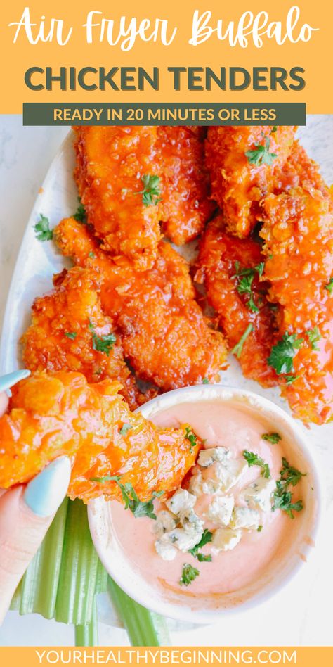 Panko Crusted Buffalo Chicken, Crispy Buffalo Chicken Tenders Air Fryer, Buffalo Tenders Air Fryer, Healthy Buffalo Chicken Tenders, Buffalo Chicken Bites Air Fryer, Buffalo Chicken Tenders Air Fryer, Healthy Chicken Tender Recipes, Buffalo Chicken Healthy, Air Fryer Buffalo Chicken Tenders