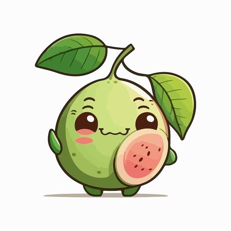 Vector cute guava cartoon style | Premium Vector #Freepik #vector #guava #guava-fruit #fruit-slice #exotic-fruits Guava Logo, Guava Images, Chibi Fruit, Guava Drawing, Fruit Animation, Guava Vector, Fruits Cartoon, Guava Jam, Guava Fruit