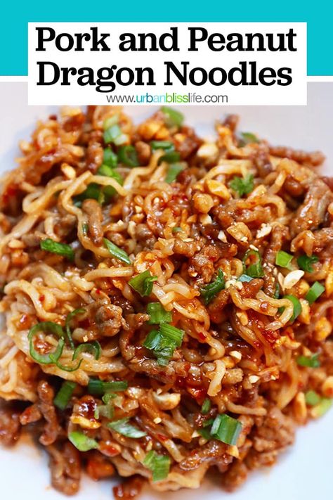 Pork And Peanut Dragon Noodles, Dragon Noodles Recipes, November Dinners, Peanut Noodles Recipe, Spicy Asian Noodles, Homemade Ramen Noodles, Chicken Lasagne, Dragon Noodles, Asian Food Recipes