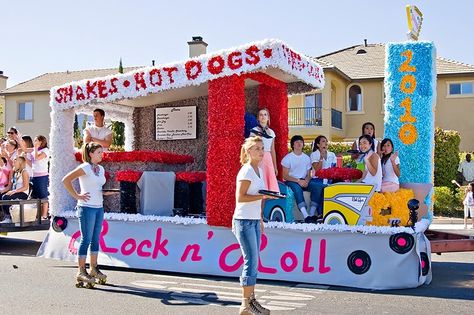 1950s Float Ideas, 60s Theme Parade Float, 50s Diner Parade Float, Rock And Roll Parade Float, 50s Theme Parade Float Ideas, Grease Float Ideas, Grease Homecoming Float Ideas, Christmas Through The Decades Parade Float, 50s Parade Float Ideas