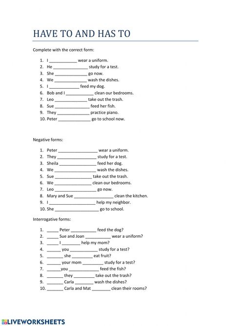 Have to online worksheet for Grade 3. You can do the exercises online or download the worksheet as pdf. Has Have Had Worksheet Grade 3, Have To Has To Worksheet, To Have, English Grammar Worksheets Grade 3, Tracing Practice Preschool, Third Grade Grammar Worksheets, Helping Verbs Worksheet, 6th Grade Worksheets, Reading Foundational Skills