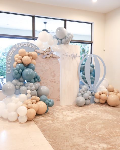 Our Greatest Adventure Baby Shower 🌎✈️🧳 Event Design and Styling + Florals by my client @brittanienglert Backdrop + Balloons + Sweet Cart + Backdrop Design @janettloveshop Dessert @sugarcoatit.bakery.llc #babyshower #ourgreatestadventure #ourgreatestadventurebabyshower #airplane #travelbabyshower #traveltheme #babyshowerbackdrop #adventureawaits Airplane Backdrop Ideas, Event Wall Decor Backdrops, We’re On Cloud Nine Baby Shower Theme, Oh The Places Youll Go Baby Shower Theme, Our Next Adventure Baby Shower Theme, Explorer Baby Shower Theme, Adventure Awaits Baby Shower Cake, It’s A Boy Baby Shower Ideas, Baby Shower Ideas For A Boy