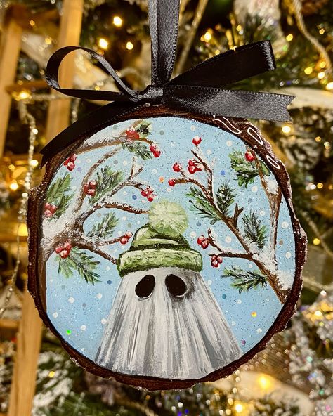 A closer look at a few of the hand-painted ornaments 🎄 ✨ #painted #ornament #ornaments #christmasdecor #christmasornaments #holiday #happyholidays #merrychristmas #ghostofchristmaspast #ghostofchristmaspresent #ghostofchristmasfuture #ghostart #ghostpainting #gothmas #creepmas #spookychristmas #handmade #woodsliceornament #handmadeornaments #gothmastree Christmas Ornament Painting Ideas, Ornament Painting Ideas, Hand Painted Wood Ornaments, Haunted Christmas, Painted Wood Ornaments, Painting Ornaments, Winter Backdrop, Ghost Of Christmas Present, Two Ghosts