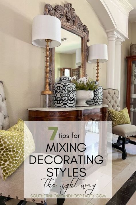 Mixing decorating styles can make a room more attractive, interesting, and inviting but knowing how to do it right can be confusing. Here are seven easy tips for how to mix different decor styles with confidence! Coastal Grandmother Entryway, Coastal Grandma Decor, Coastal Grandmother Living Room, Coastal Grandmother Aesthetic House, Timeless Decorating, Grandmother Style, Different Decorating Styles, Grandmother Aesthetic, Southern Traditional