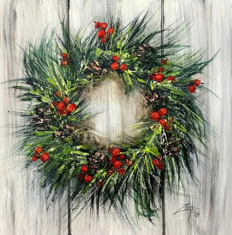 Acrylic Festive Wreath – ZanArt Wreath Painting, Christmas Window Painting, Diy Christmas Paintings, Christmas Canvas Art, Apple Painting, Christmas Paintings On Canvas, Easy Christmas Wreaths, Festive Wreath, Holiday Painting