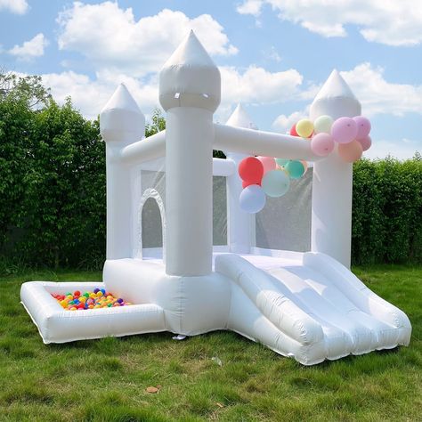 Ball Pit Party, Toddler Bounce House, Ball Pit With Slide, House With Slide, Castle Bounce House, White Bounce House, Bounce House With Slide, House Castle, Bubble House