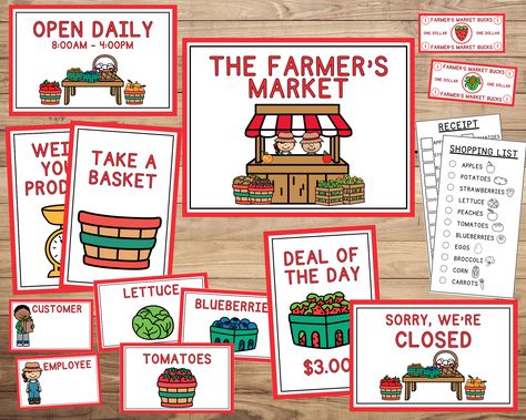 #dramaticplay #pretendplay #printables #farmersmarket #kidspretendplay #pretendplaytoys #dramaticplayarea #kindergarten #prek #preschool #imagination #instantdownload #digitaldownload #etsy #kidzoneprintables #teacherresources #farmerpretendplay #pretendprintables #dramaticprintables https://etsy.me/42LE1Bt Pretend Play Farmers Market, Farmers Market Dramatic Play Free Printables, Farmers Market Dramatic Play, Grocery Store Dramatic Play Printables, Grocery Store Pretend Play Free Printables, Open & Closed Signs, Farmers Market Sign, Dramatic Play Printables, Songs For Toddlers