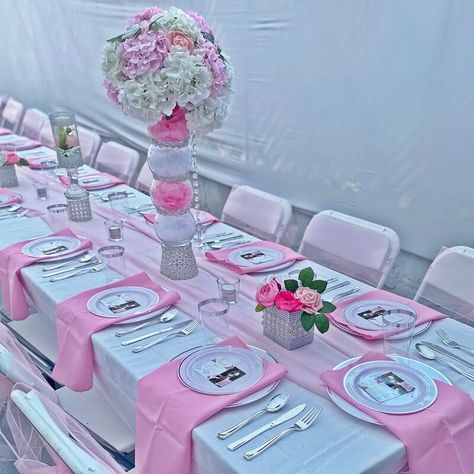 Pink And Silver Table Setting, Event Decor Ideas, Party Decorations Table, Pink Hydrangeas, White Charger, Pink Party Decorations, White Tablecloth, Silver Cutlery, Glass Sphere