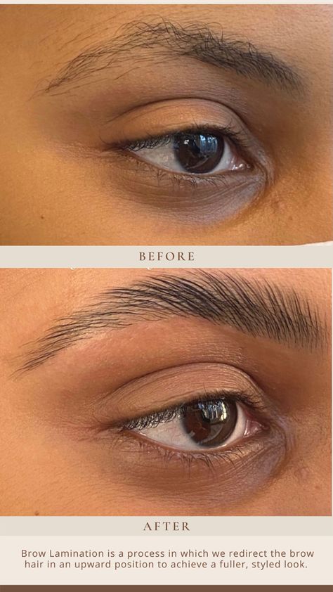 Eyebrow Shaping Lamination, Brow Lamination Black Women, Brow Lamination Benefits, Laminated Brows Before And After, Brow Lift Before And After, Eyebrow Lamination Before And After, Eyebrow Lamination And Tint, Lash Lift Before And After, Natural Brow Lamination